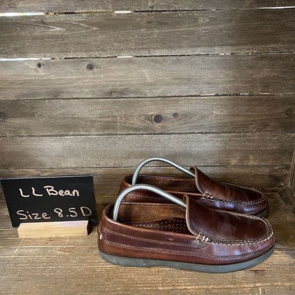 Mens LL Bean‎ Brown Leather Slip On Shoes Driving Loafers Size 8.5 D GUC - Picture 1 of 6